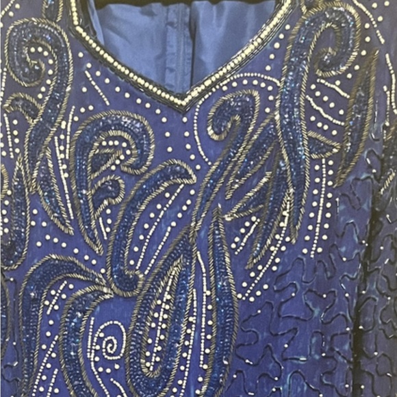 STUNNING VINTAGE KLEIN BLUE BEADED SILK DRESS! made in India - Picture 4 of 5